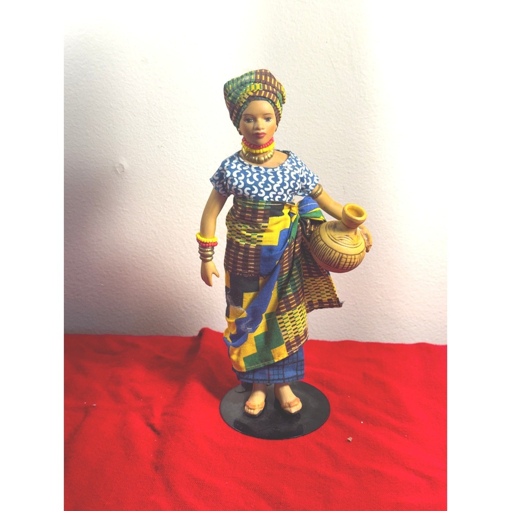 Traditional African Woman Figurine Kente Wrap Beaded Jewelry Water Jug Doll